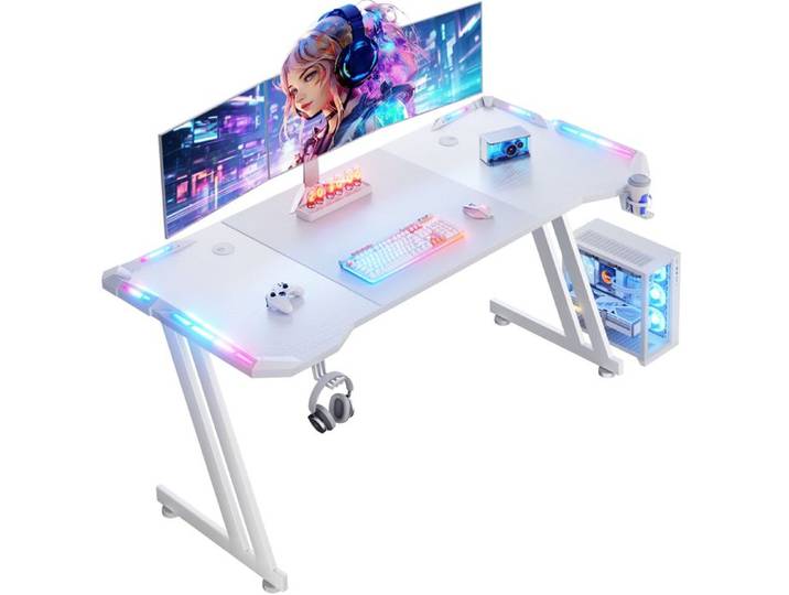 HLONONE Bureau Gaming LED 160 x 60cm Grande Bureau Gamer avec Tapis de Souris Porte-gobelet et Crochet pour Casque Blanc