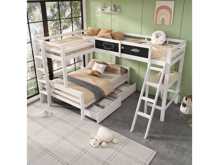 Lit superposé enfant - MAISENTIEL - Lit superposé d'angle 3 couchages - 140x200 + 2x90x200 - Bureau intégré - 2 tiroirs