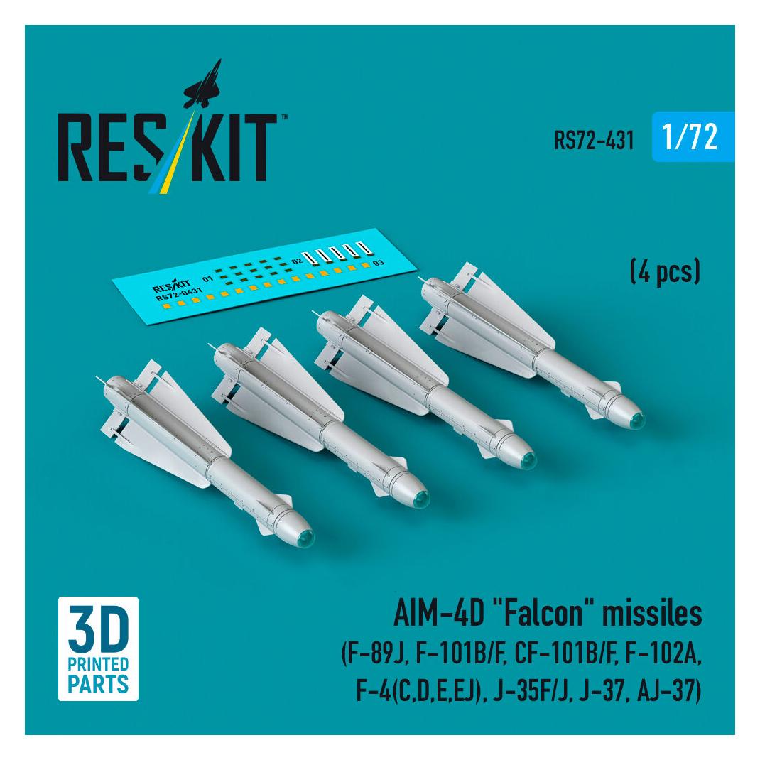 ResKit AIM-4D Falcon missiles (4 pcs) (F-89J, F-101B/F, CF-101B/F, F-102A, F-4(C,D,E,EJ), J-35F/J, J-37, AJ (RS72-0431)