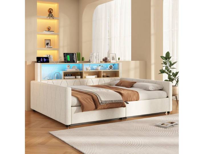 Odikalo Schlafsofa Schlafcouch 90x200 140x200 mit Bettkasten Steckdose LED ohne Matratze, Hydraulische Lagerung, mit USB-Anschluss, Mit LED-Lichtleiste, Leinen, Gewichtskapazität: 170 KG