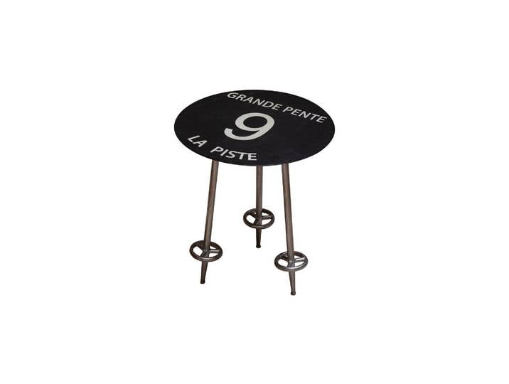 Table d'appoint en métal noir, ronde, plateau laqué, inscription