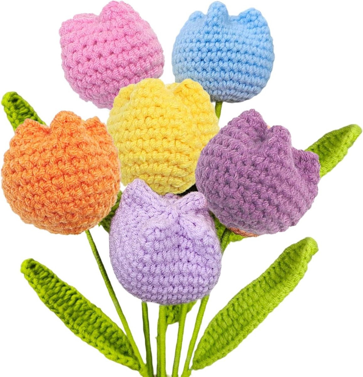 Set van 6 handgemaakte gehaakte tulpen in multicolor voor decoratie