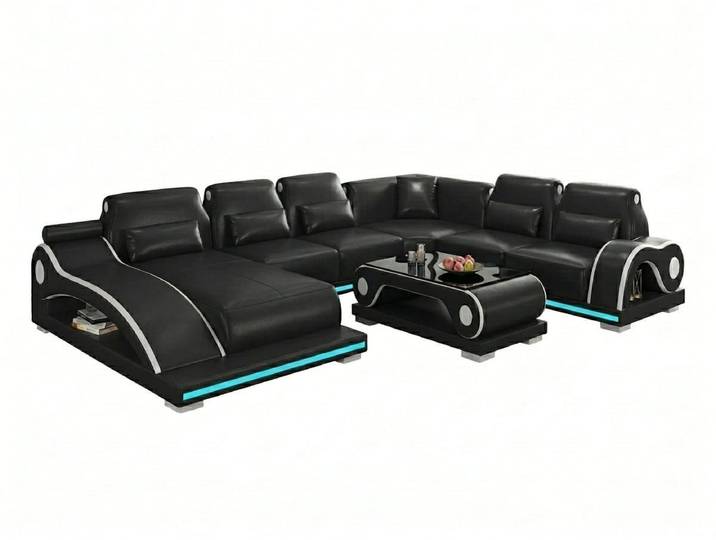 JVmoebel Ecksofa Wohnlandschaft U-Form Schwarz LED Modern Wohnzimmer Praktisch Design *, 1 Teile, Ottomane Links, Ottomane Rechts