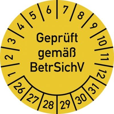 Dreifke® Prüfplakette Geprüft gemäß BetrSichV,2026-2031,Dokumentenfolie,Ø25 mm,10 Stück/Bogen