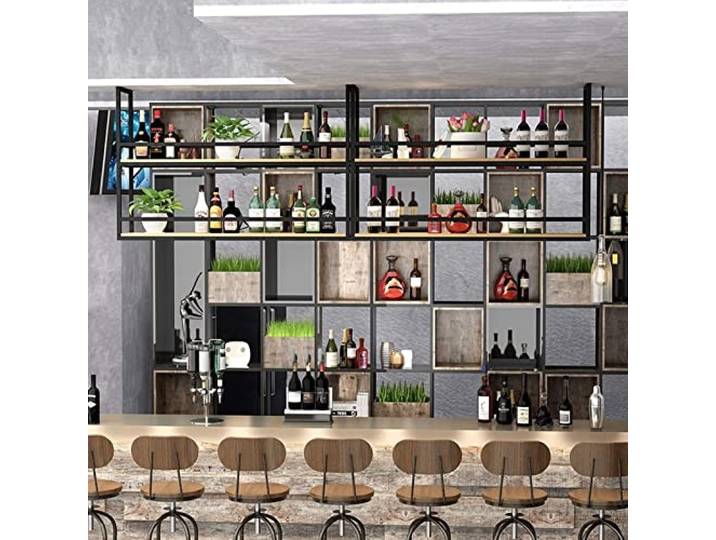 OOPDNEGAK Decke Hängende Weinregal - Deckenregal - Hängendes Schmiedeeisernes Lagerregal, LOFT Pflanzenständer Zur Wandmontage, Vintage Massivholz Küchenständer(60 * 30 * 80cm(24 * 12 * 31 IN))