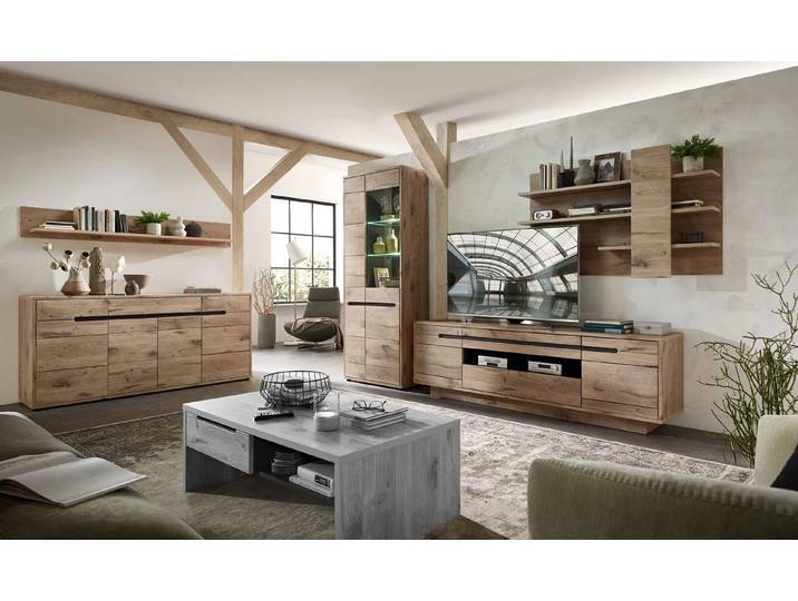 moebel-dich-auf Wohnwand BELLINZONA, (Wohnzimmer-Set, Vitrine + Wandboard + Lowboard), inkl. LED-Beleuchtung, optional mit Couchtisch & Sideboard
