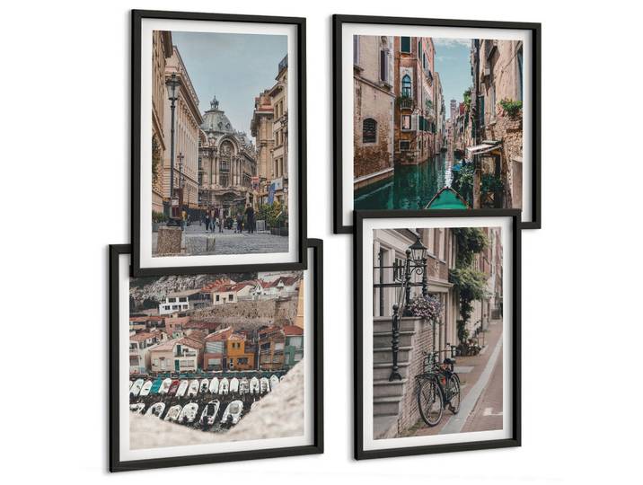 Tulup Bilder SET 4er Set - 50x50 cm & 40x60 cm Schwarzer Rahmen - Die charmanten Straßen der Hafenstädte, Kunststoff, Rechteckig, 50x50 cm, einfache und schnelle Anbringung, Bilder & Rahmen, Bilder