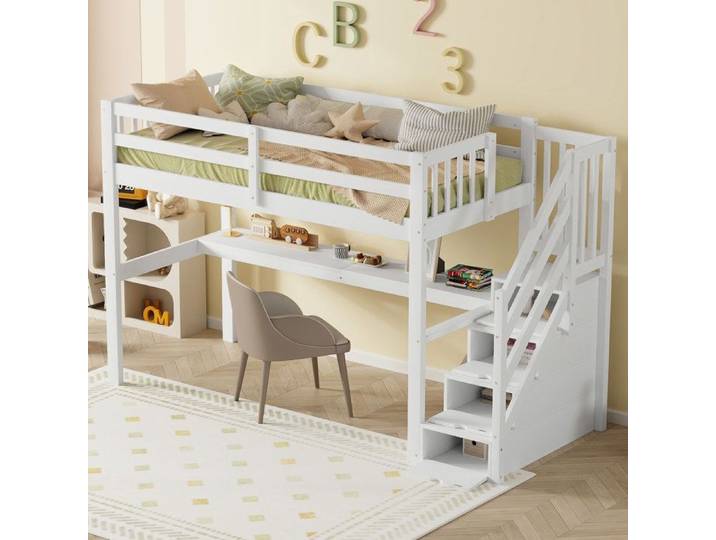 Lit surélevé 90 x 200 Lit surélevé pour enfants avec tiroirs de rangement et bureau sous le lit blanc