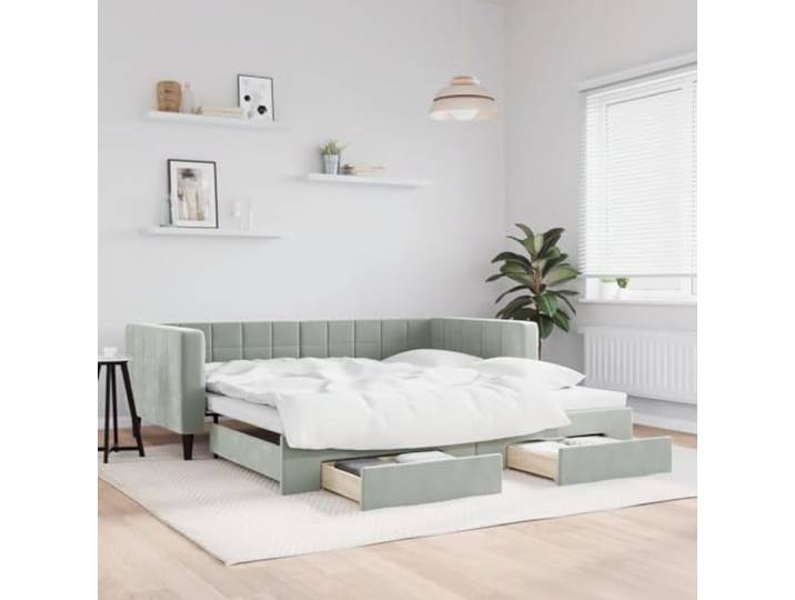 DJEKA Tagesbett Ausziehbar 100x200 cm mit Schubladen Jugendbett 100x200 cm Bett Mit Ausziehbett Hellgrau-4 Tagesbett 100x200 Ausziehbar Tagesbett aus Holz Tagesbettgestell Sofabett Schlafsofa Samt