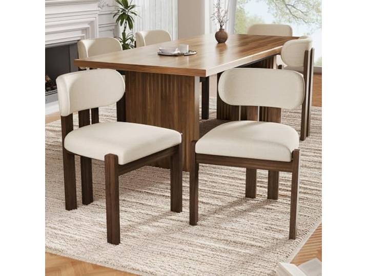 Merax 6er Set Esszimmerstühle 54x54x79 cm, dunkle Holzfarbe, Massivholz, Bouclé-Stoff, bequem, atmungsaktiv, modern für Esszimmer, Wohnzimmer und Café