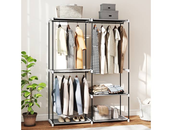 HOMCOM Armoire Ouverte 4 Étagères 3 Tringles Métal Gris 142x43x185cm
