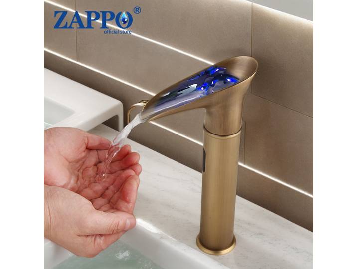 ZAPPO robinet de lavabo à capteur intelligent avec lumière LED, robinet cascade monté sur le pont, mélangeur d'eau chaude et froide automatique sans contact en laiton
