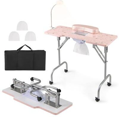Costway Folding Manicure Nail Table with Electric Dust Collector-Pink