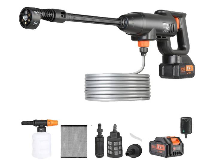 VEVOR Nettoyeur haute pression à batterie Sans fil Nettoyeur à eau Pistolet nettoyeur à pression (220W 21V\, 40bar\, pour le nettoyage mobile et l'arrosage\, 4L/min\, accessoires inclus\, chargeur)