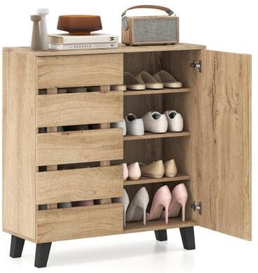 Costway 4-Tier Shoe Cabinet 2-Door Storage Organizer with Louvered Door-Natural