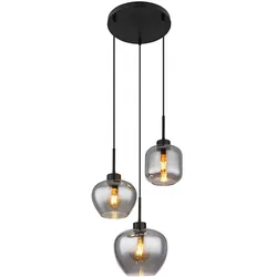 Pendellampe Esstischleuchte Rauchglas Wohnzimmerlampe Hängelampe 3 flammig, Metall schwarz, 3x E27, DxH 38x120 cm