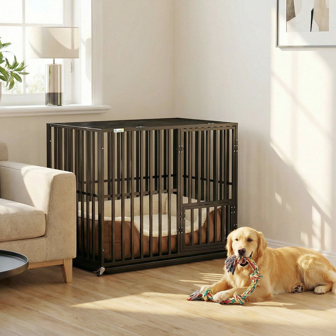 PawHut Heavy Duty Dog Crate Dog Cage with Wheels for Medium Breeds Black 81cm H x 57cm W x 95cm D