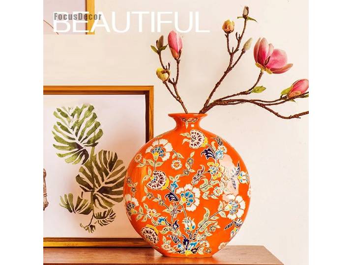 Vase unique chinois en forme de lune, décoration de vase en céramique rouge orange, vases de forme ronde, document Morandi, vase floral décoratif, 13