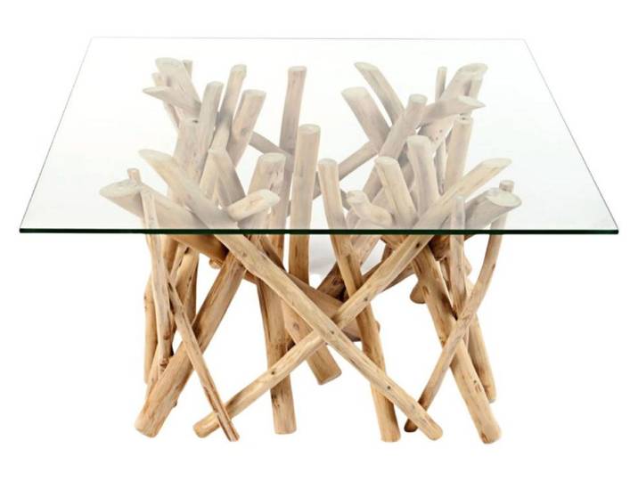 Table basse WOODEN carrée 80 cm – Table basse design en bois flotté et verre trempé