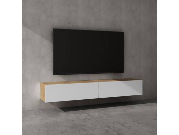 doporro Meuble TV Bas 200 cm Armoire TV Marron Clair + Blanc Mat Table de Télévision Salon avec Portes Meuble TV Suspendu MBTV02