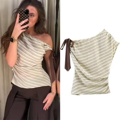 Daily Deals Depot Striped Asymmetrical Bow Detail Women's Summer Top Casual Office Blouse m