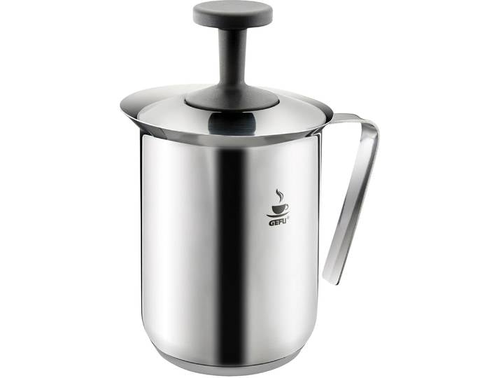 Milchaufschäumer GEFU RICCARDO , silber, B:11,5cm H:19,5cm T:16,5cm, Milchaufschäumer, Milchaufschäumer, doppelter Siebeinsatz, ohne Strom, Edelstahl