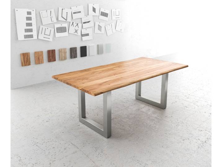 Esstisch Edge 200x100 Akazie Natur Edelstahl Breit Live-Edge, Esstische, Baumkantenmöbel, Massivholzmöbel, Massivholz
