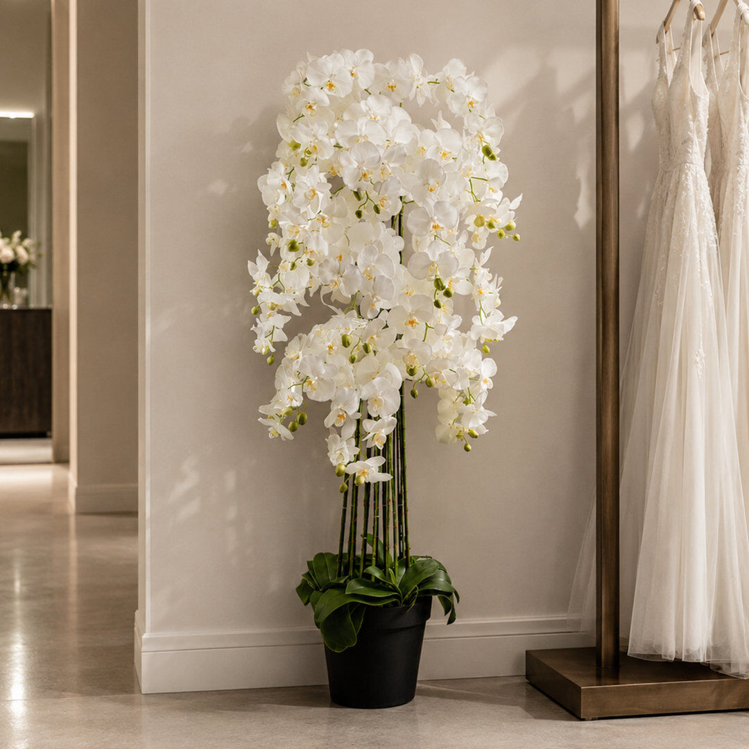 Leaf Real Touch Artificial Orchids Plastic, Silk Artificial Arrangement in Planter White 150cm H x 70cm W x 70cm D