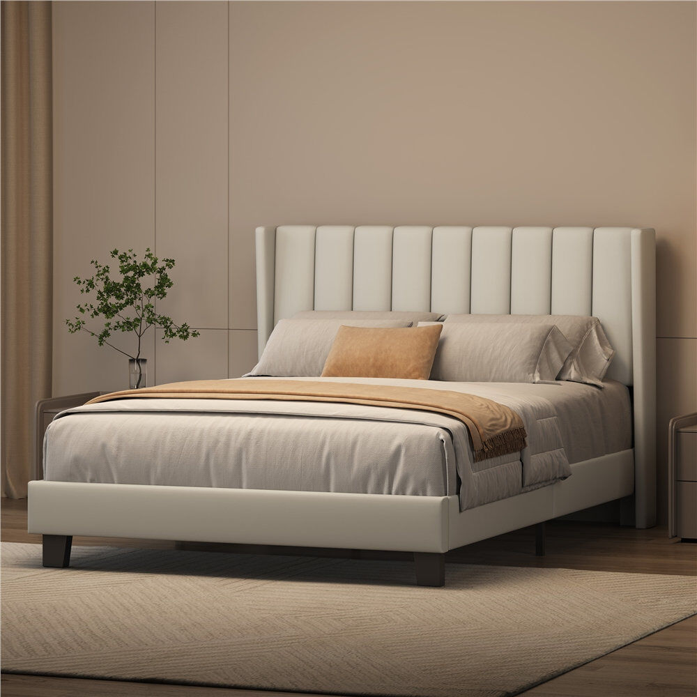 Yaheetech Upholstered Bed Frame with Channel Tufted Headboard PU Leather/Cream Double (4'6)