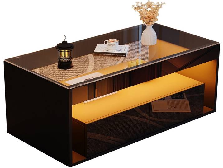 SeedWave Couchtisch Moderner Doppelstöckiger Stubentisch mit LED-Beleuchtung, Glasplatte, Mit 2 Schubladen, 1 Ablagefläche, 16 Farben und 4 Glitzer-Effekten