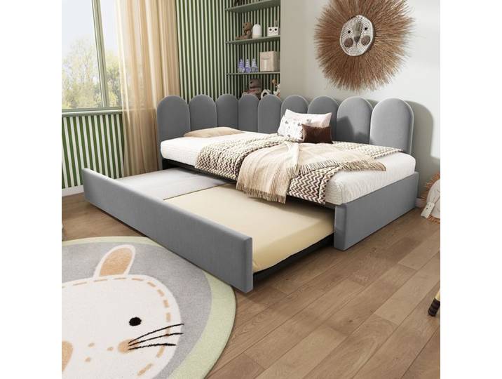 Lit banquette - KOMHTOM - Design Grille Enfantin - 90x200 cm - Lit gigogne 90x190 cm - Velours gris