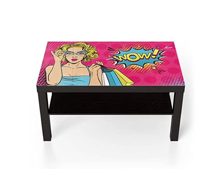 DEQORI Glastisch schwarz groß 90x50 cm Motiv Blondine erstaunt: WOW ausgefallener Beistelltisch aus Glas Hochglanz Couchtisch fürs Wohnzimmer moderner Couch Tisch mit Design