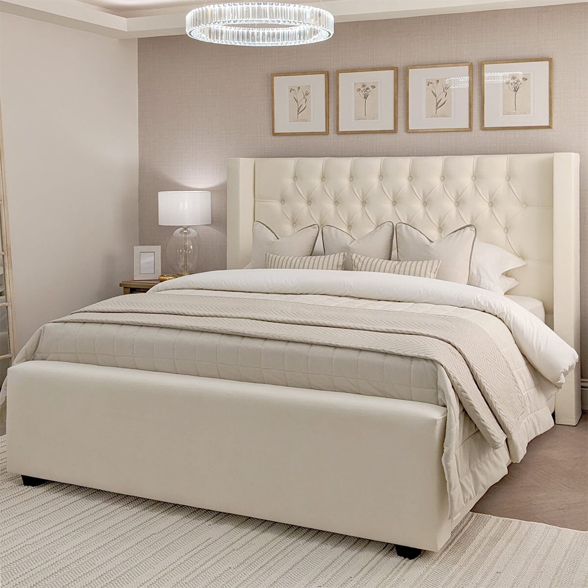 Harper Classic Luxury Ivory Textured Buttoned Winged Chunky Bed, Emperor