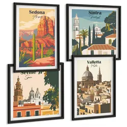 BILDER SET 4er Set - 50x50 cm & 40x60 cm Schwarzer Rahmen - Retro-Stadtansichten Sedona Sintra