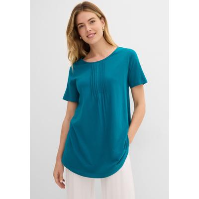 T-Shirt BONPRIX "T-Shirt in A-Linien-Form, kurzarm", Damen, Gr. 48/50 (XL), blau (meerestürkis), Jersey, Obermaterial: 50% Baumwolle, 50% Viskose, unifarben, A-Linie ca. Mitte Oberschenkel, Rundhals, Shirts T-Shirt, dezente A-Linie, Kurzarm, aus...
