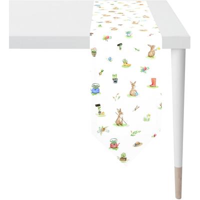 Tischband APELT "6812 HAPPY EASTER, Osterdeko, Ostern", bunt (weiß, bunt), B:25cm L:175cm, Baumwolle, Polyester, Tischdecken, Digitaldruck, modisches Design mit verspielten Häschen im Garten
