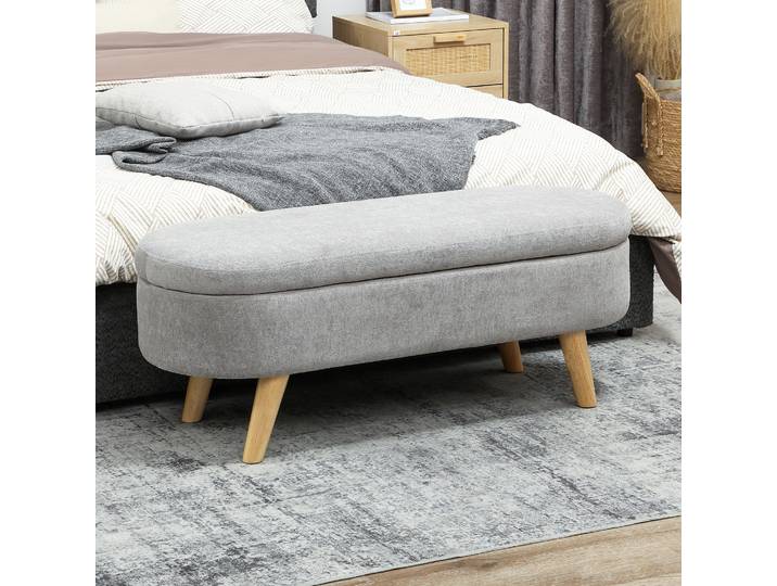 HOMCOM Pouf Rangement Velours Gris Pieds Bois Matelassé