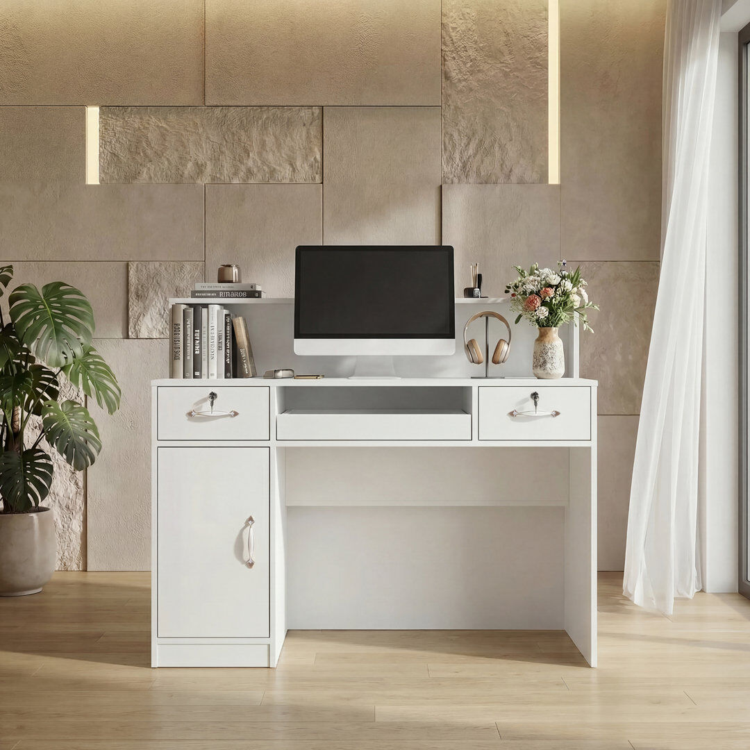 Caldion 120cm Wide Reception Desk with Front LED Lights - 2 Lockable Drawers & Large Storage Cabinet White 1