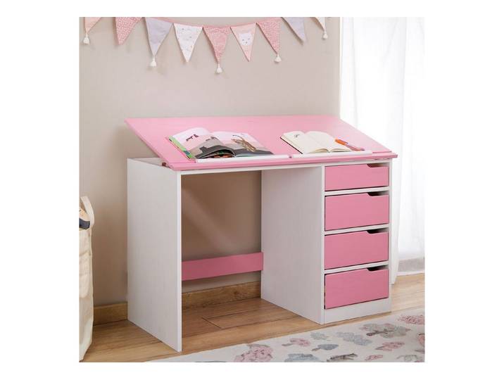 IDIMEX Kinderschreibtisch EMMA, Schreibtisch mit Schubladen, neigbare Tischplatte aus massivholz rosa