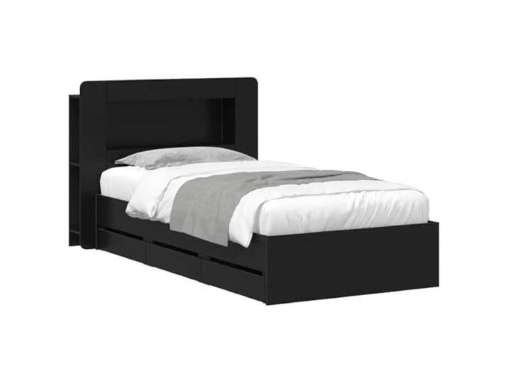 PUGYNBK Bettgestell mit Schubladen und Kopfteil, Schwarz Lattenrost aus Holz, kein Lattenrost erforderlich, Schubladen mit Rollen, modernes Design
