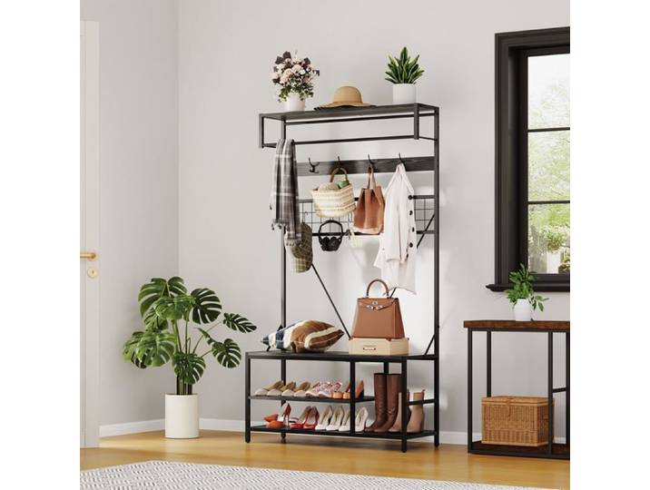 Meuble entrée banc rangement chaussures 5en1 étagères réglables porte-manteaux 98cm 9 crochets noir
