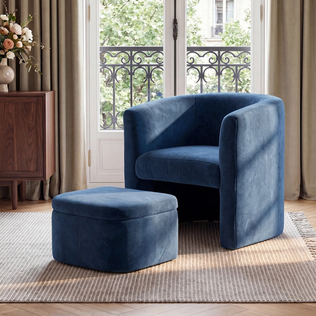 Wade Logan® Accent Chair & Storable Ottoman Sherpa Chair w/Storage Ottoman - Plush & Space-Saving Design Blue Velvet 75cm H X 75.4cm W X 65cm D