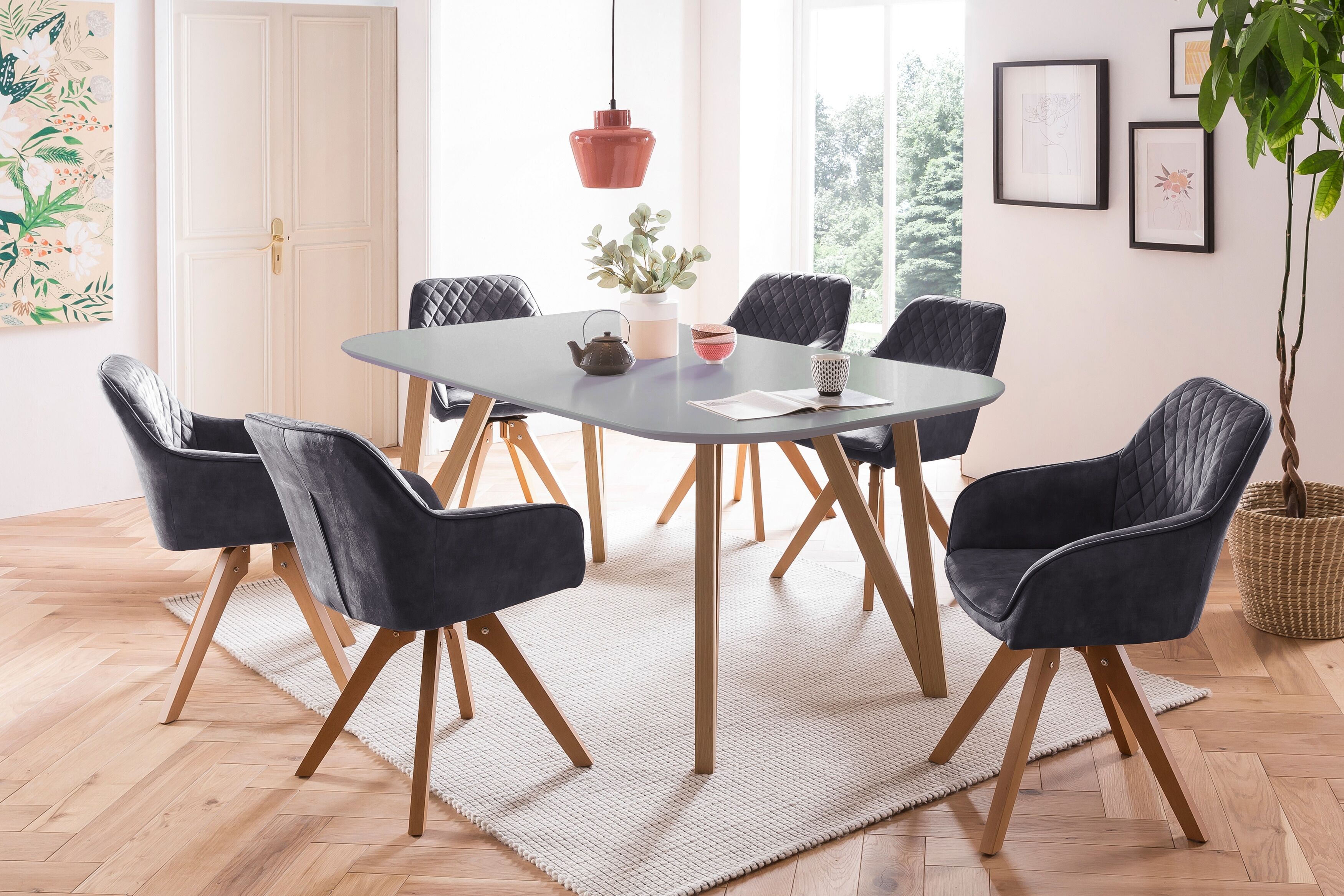 Essgruppe SALESFEVER "Stilvolle Sitzgruppe", grau (grau, natur, schwarz, natur), Samtvelours, Essgruppe 5 tlg. 180x90cm, MDF, Massivholz, Polyester, Sitzmöbel-Sets, Essgruppe, 5-teiliges Set: Samtverlours-Stühle, 180 drehbar, Tischbreite 180 cm