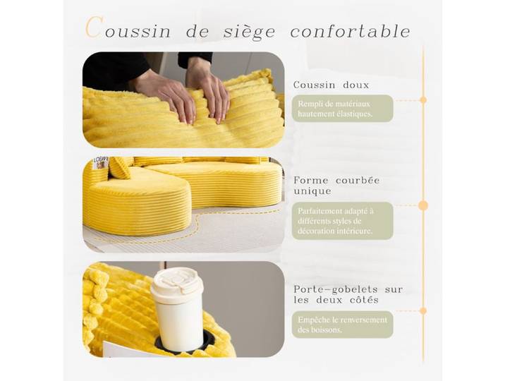 MEUBLIV Canapé fixe 3 places courbé en corduroy jaune moutarde porte-gobelets poche latérale coussins inclus
