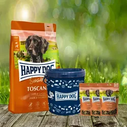 Happy Dog Supreme Toscana 4 kg + 3 x 100 g. Happy Dog Soft Snack Toscana + Futtertonne 20 Liter