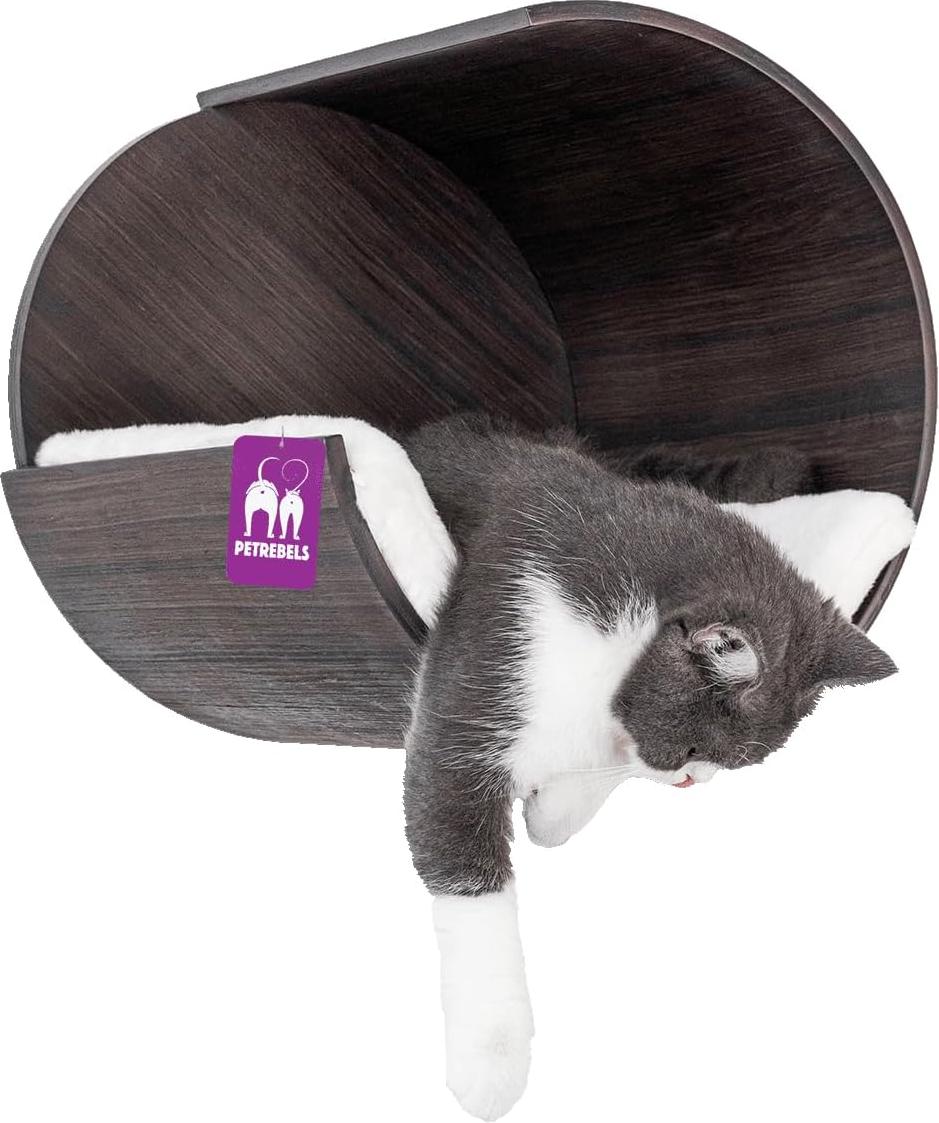 Famanu Katzenwand Klimmauer mit Katzenkorb Ø 40 cm - Wandkratzbaum aus hochwertigem Material, schwarz-braun