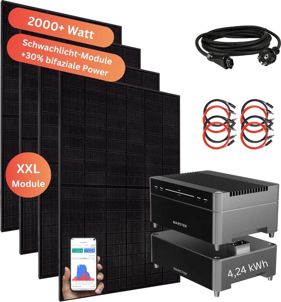 MYVOLTAICS Balkonkraftwerk 2000+ Watt mit Speicher Marstek Venus A 4,24 kW aufrüstbar, Nulleinspeisung & Notstrom möglich, optimales Einsteigermodell ohne Aufständerung