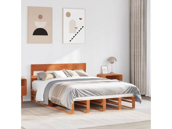 RJPLMFV Bettgestell, Kiefernholz, massiv, 135 x 190 cm, ohne Matratze Lattenrost inklusive, Kopfteil zur Unterstützung des Rückens, Rustikal, Schlafzimmer