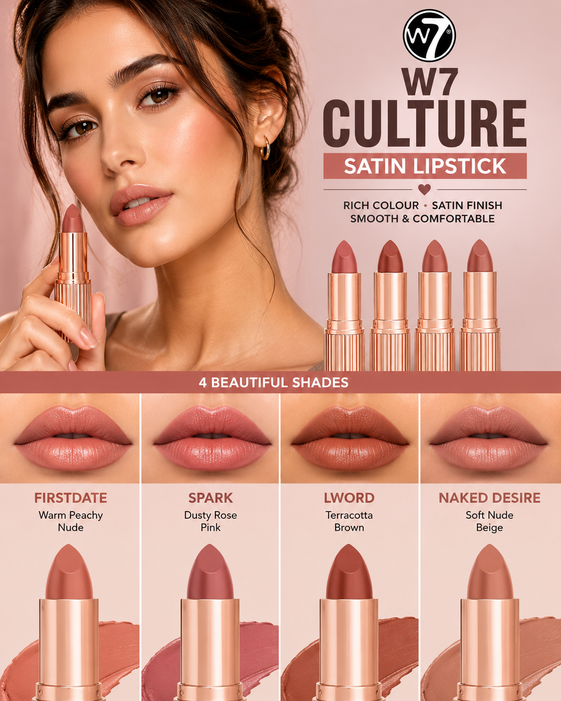 W7 Culture Satin Lipstick – Smooth Finish, Multiple Shades, L WORD