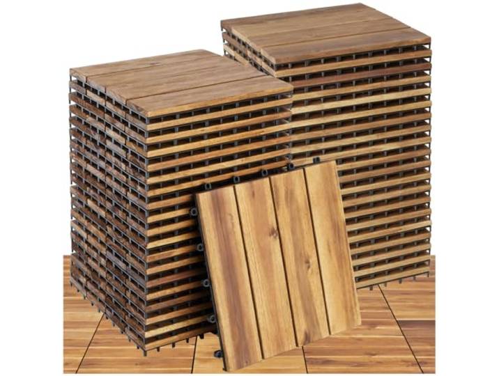 tectake® Holzfliesen, Holz Fliesen wetterfest, Bodenbelag für Wintergarten, Bodenfliesen, Balkonboden, Boden Trittsteine Garten, Terrassenfliesen mit Klicksystem, Drainage - 40er Set/4er Lamellen